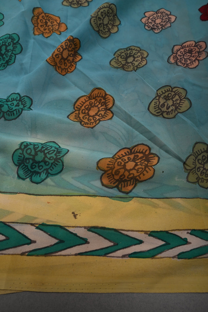 Floral Theme : Light Peach Authentic Pen Kalamkari Handpainted  on pure Georgette Silk Saree with Minimal Border | SILK MARK CERTIFIED | SHOBITAM