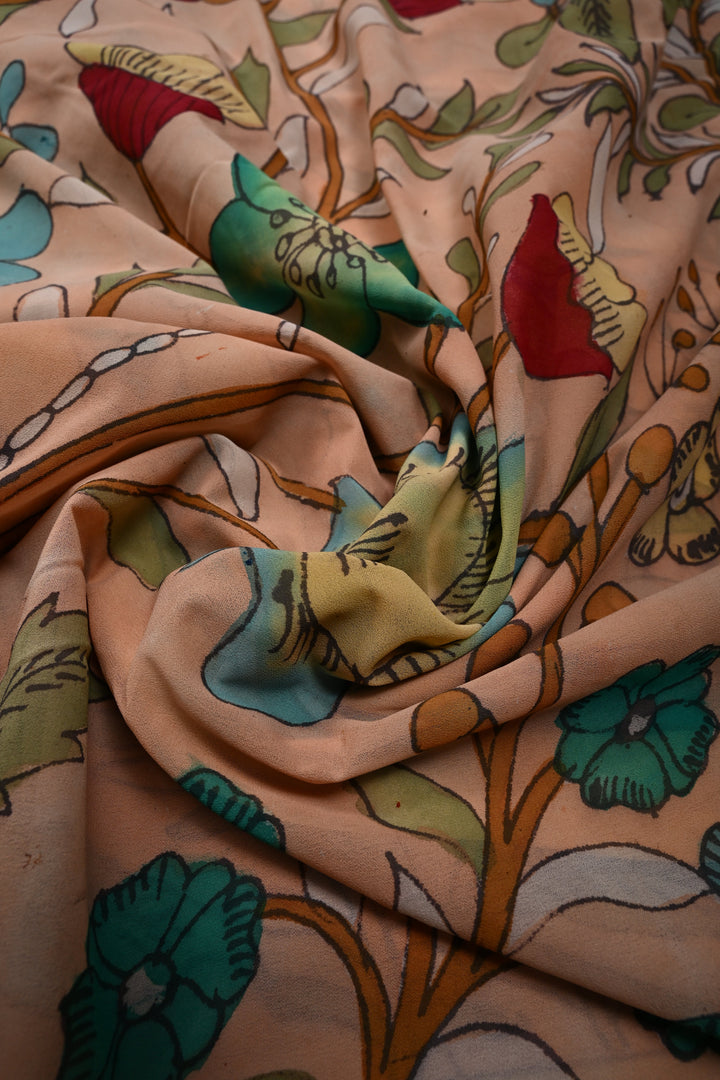 Floral Theme : Light Peach Authentic Pen Kalamkari Handpainted  on pure Georgette Silk Saree with Minimal Border | SILK MARK CERTIFIED | SHOBITAM