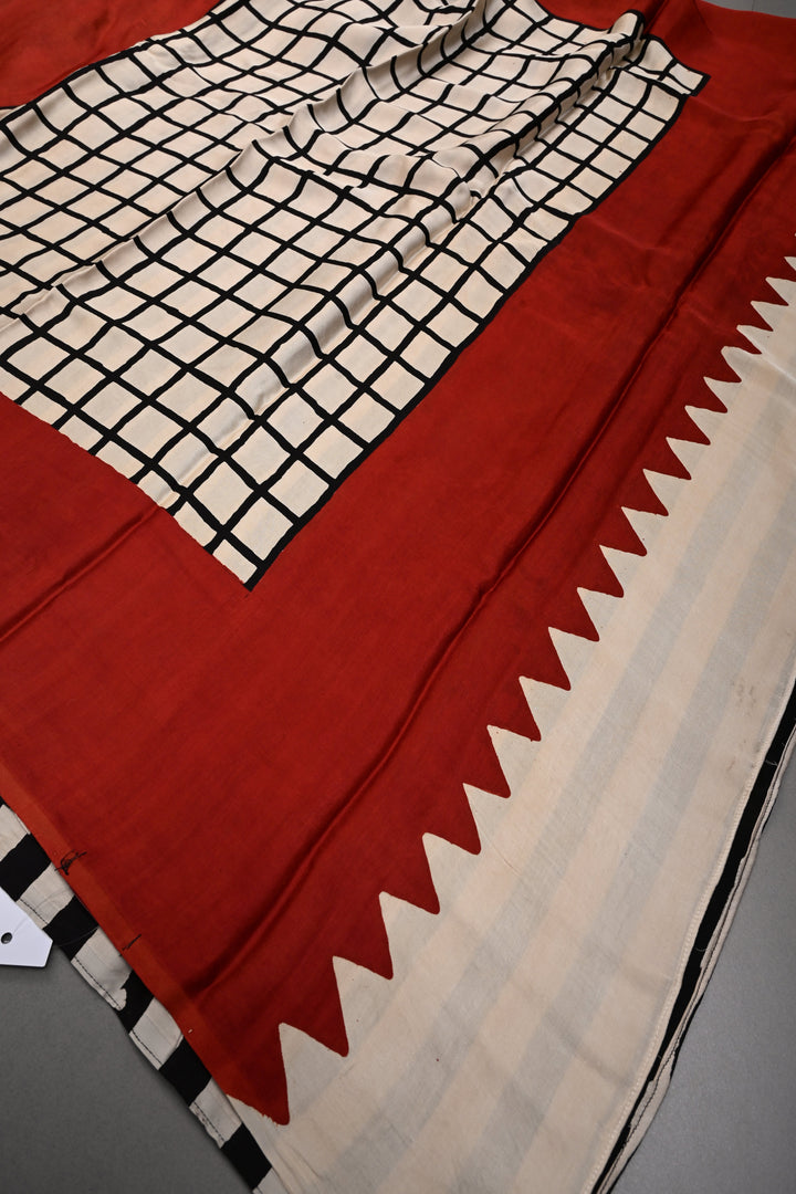 Black-Beige Stripes Pattern on Modal Silk Saree with Ajrakh Hand Block Print and Checks Pallu | SHOBITAM
