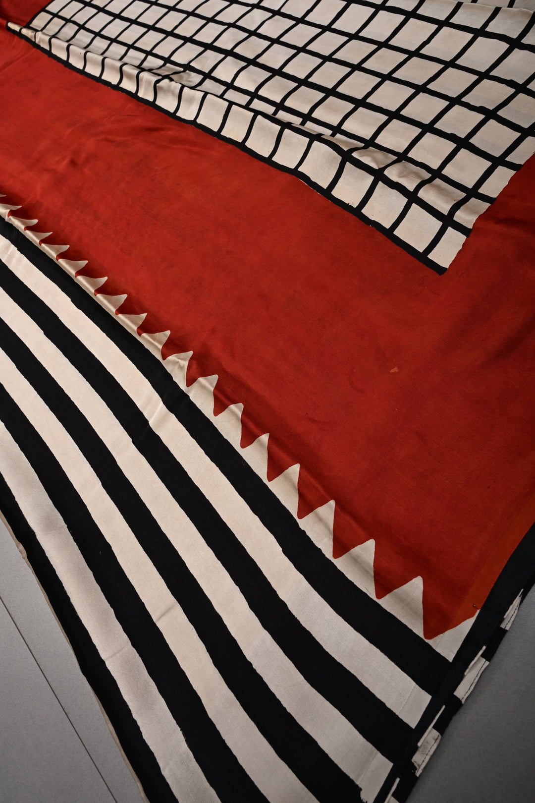 Black-Beige Stripes Pattern on Modal Silk Saree with Ajrakh Hand Block Print and Checks Pallu | SHOBITAM