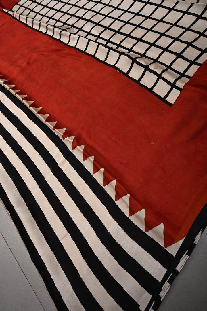 Black-Beige Stripes Pattern on Modal Silk Saree with Ajrakh Hand Block Print and Checks Pallu | SHOBITAM