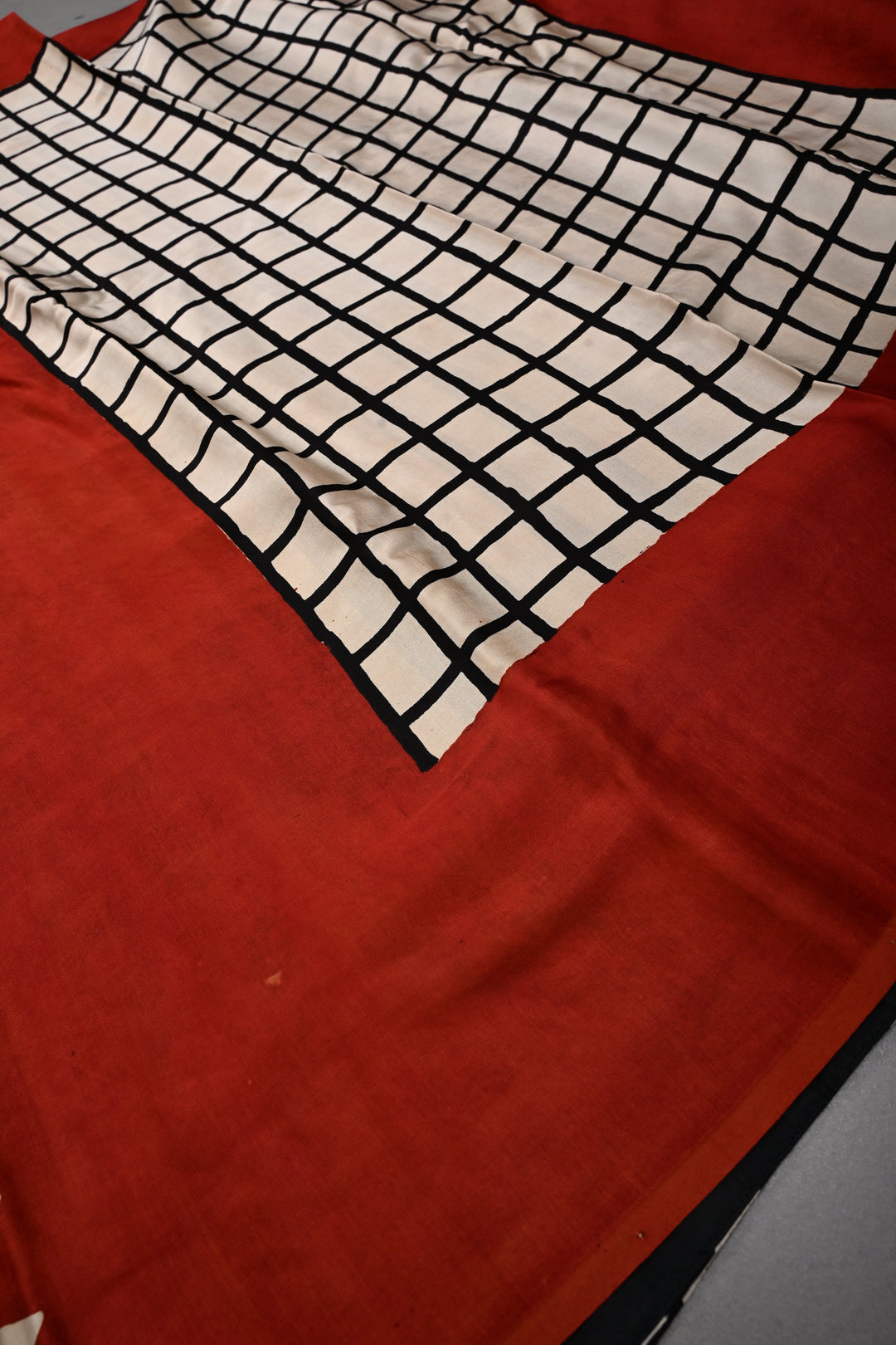 Black-Beige Stripes Pattern on Modal Silk Saree with Ajrakh Hand Block Print and Checks Pallu | SHOBITAM