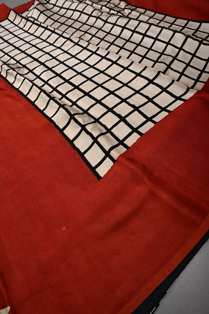 Black-Beige Stripes Pattern on Modal Silk Saree with Ajrakh Hand Block Print and Checks Pallu | SHOBITAM