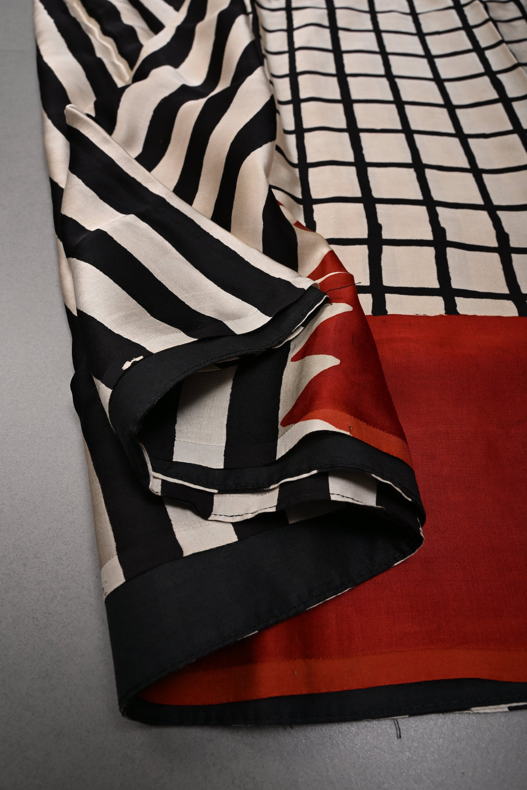 Black-Beige Stripes Pattern on Modal Silk Saree with Ajrakh Hand Block Print and Checks Pallu | SHOBITAM