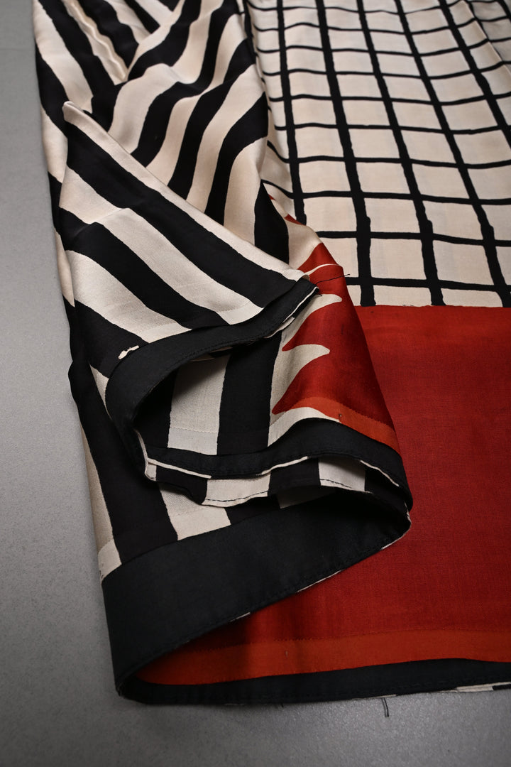 Black-Beige Stripes Pattern on Modal Silk Saree with Ajrakh Hand Block Print and Checks Pallu | SHOBITAM