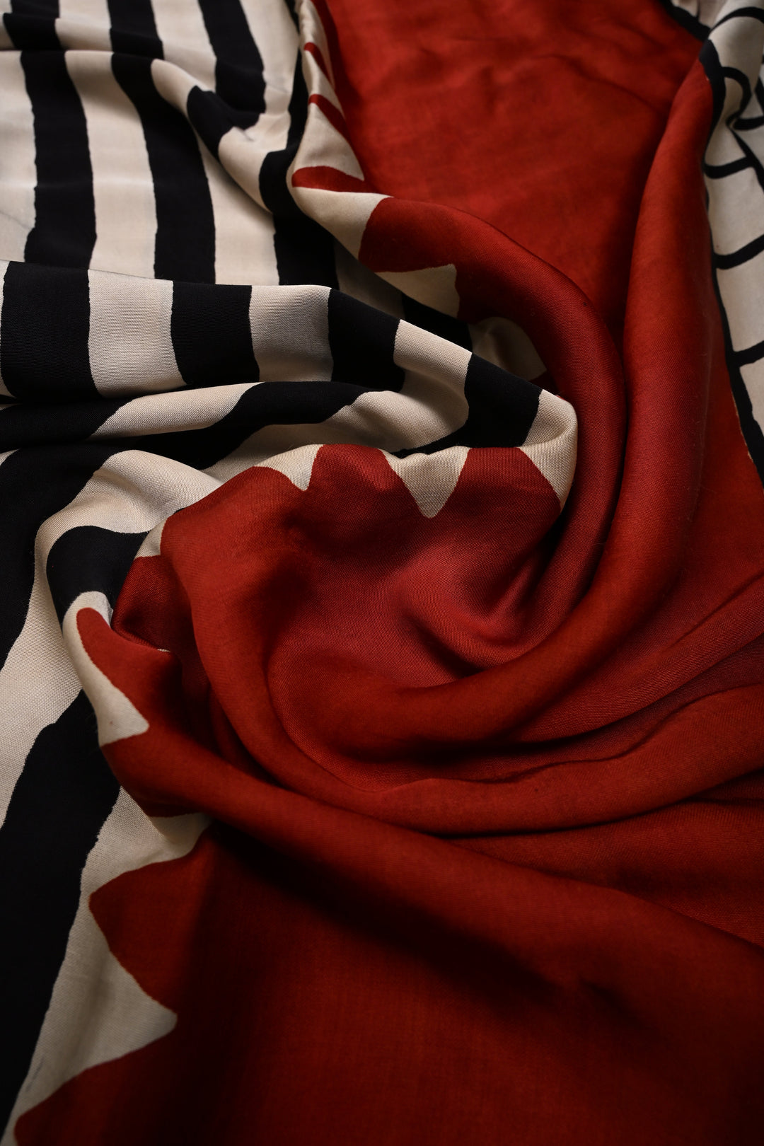 Black-Beige Stripes Pattern on Modal Silk Saree with Ajrakh Hand Block Print and Checks Pallu | SHOBITAM