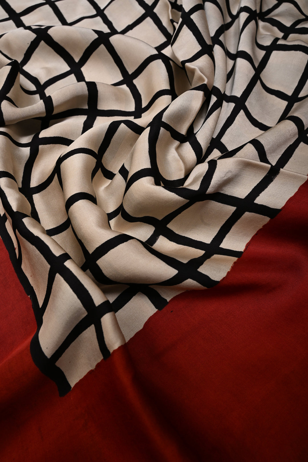 Black-Beige Stripes Pattern on Modal Silk Saree with Ajrakh Hand Block Print and Checks Pallu | SHOBITAM
