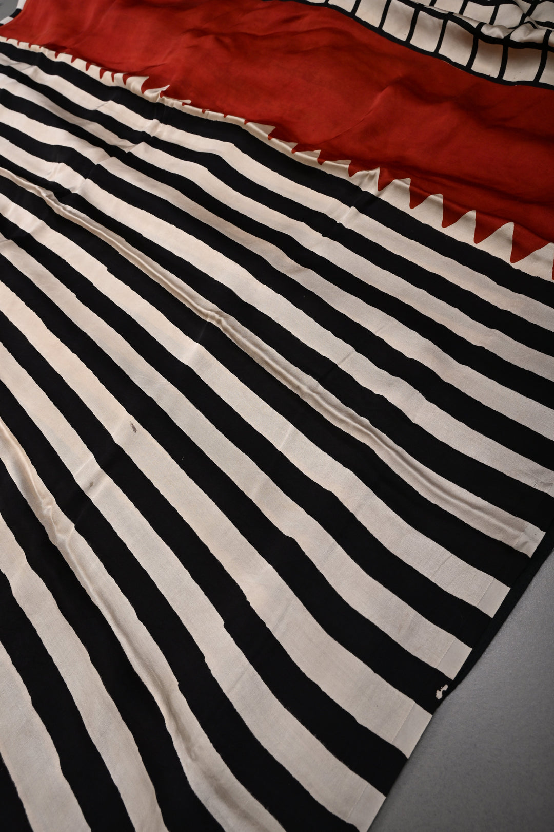 Black-Beige Stripes Pattern on Modal Silk Saree with Ajrakh Hand Block Print and Checks Pallu | SHOBITAM