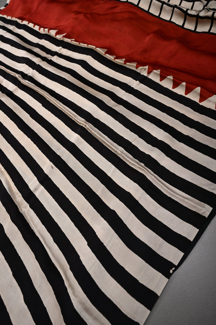 Black-Beige Stripes Pattern on Modal Silk Saree with Ajrakh Hand Block Print and Checks Pallu | SHOBITAM