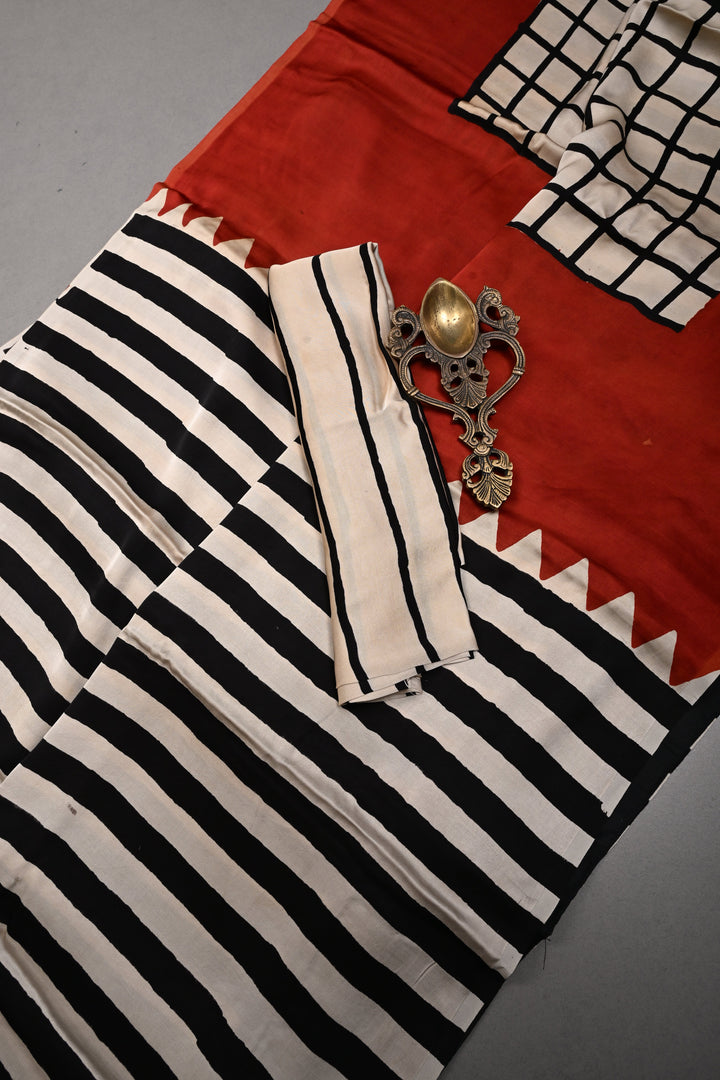 Black-Beige Stripes Pattern on Modal Silk Saree with Ajrakh Hand Block Print and Checks Pallu | SHOBITAM