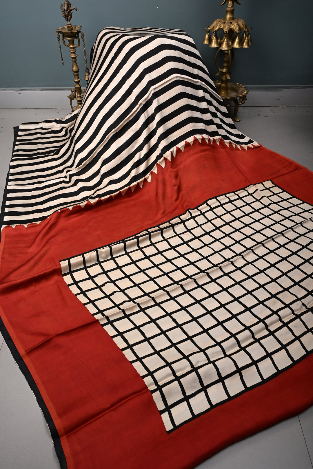 Black-Beige Stripes Pattern on Modal Silk Saree with Ajrakh Hand Block Print and Checks Pallu | SHOBITAM
