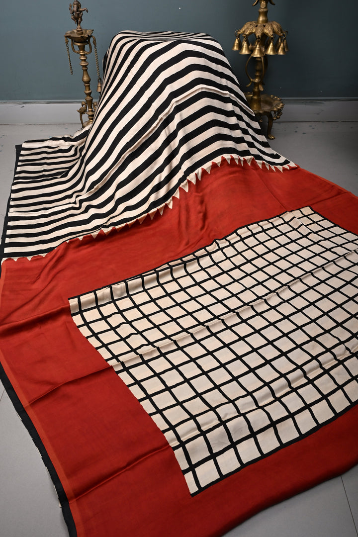 Black-Beige Stripes Pattern on Modal Silk Saree with Ajrakh Hand Block Print and Checks Pallu | SHOBITAM