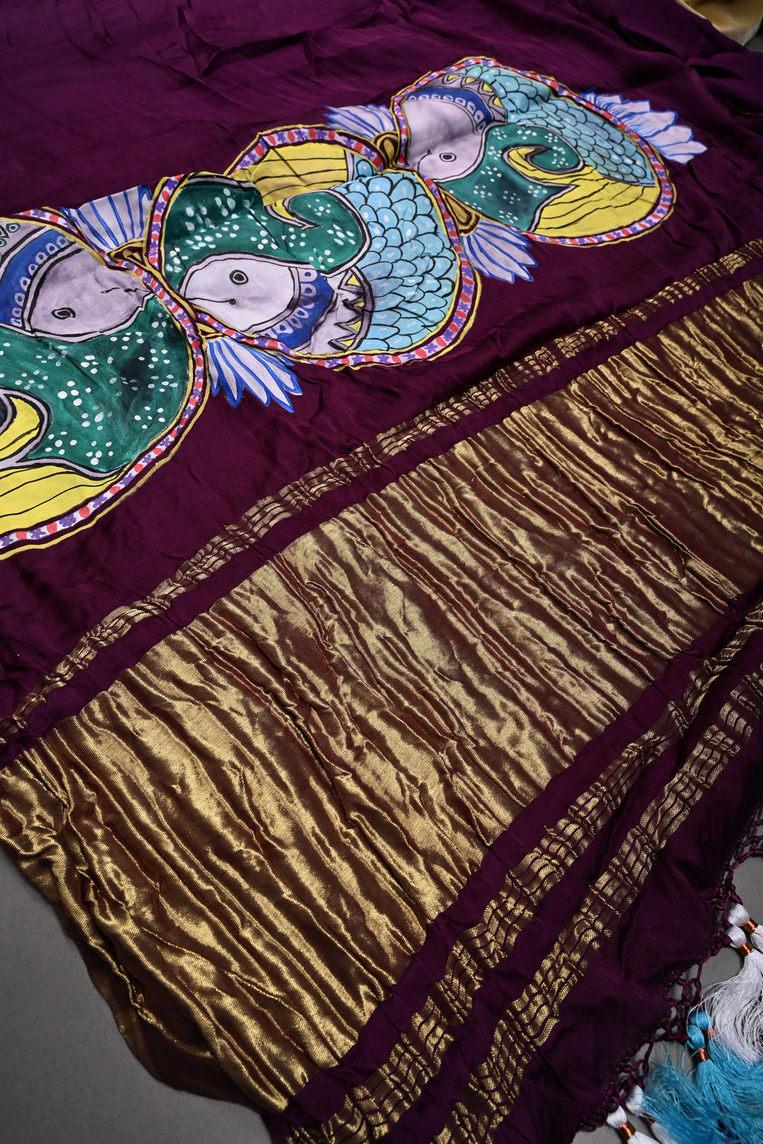 Jamuni Purple Modal Silk Saree with Madhubani Machli Handpainting and Lagda Patta Crushed Tissue Pallu | SHOBITAM