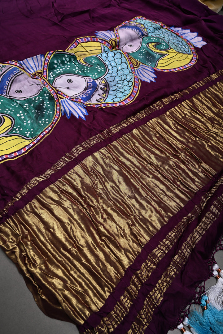 Jamuni Purple Modal Silk Saree with Madhubani Machli Handpainting and Lagda Patta Crushed Tissue Pallu | SHOBITAM