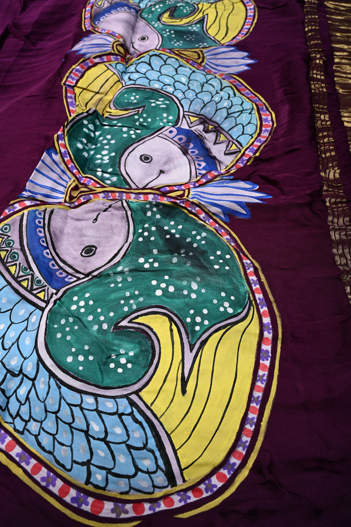 Jamuni Purple Modal Silk Saree with Madhubani Machli Handpainting and Lagda Patta Crushed Tissue Pallu | SHOBITAM