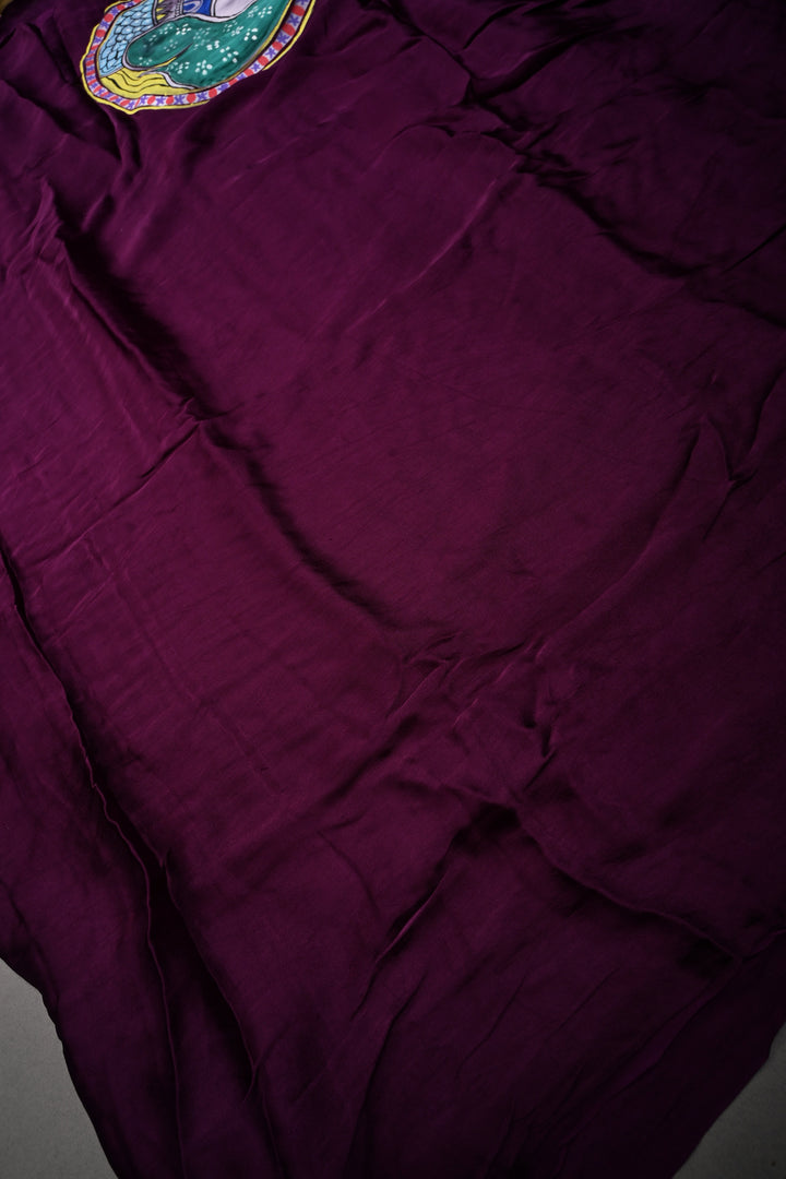 Jamuni Purple Modal Silk Saree with Madhubani Machli Handpainting and Lagda Patta Crushed Tissue Pallu | SHOBITAM