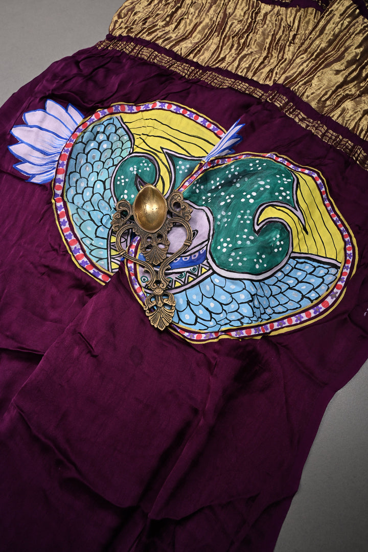 Jamuni Purple Modal Silk Saree with Madhubani Machli Handpainting and Lagda Patta Crushed Tissue Pallu | SHOBITAM