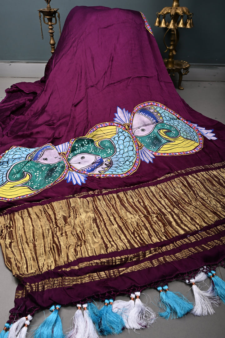 Jamuni Purple Modal Silk Saree with Madhubani Machli Handpainting and Lagda Patta Crushed Tissue Pallu | SHOBITAM