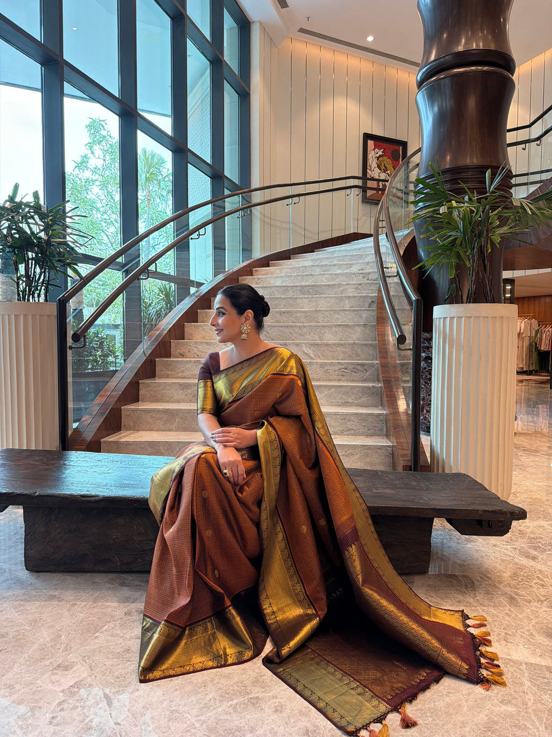 Pre-order Rust Orange Zari Buttas on Kanjivaram Pure Silk Saree with Podi-Kattam Zari Checks and Contrast Zari Border | SILK MARK CERTIFIED | SHOBITAM