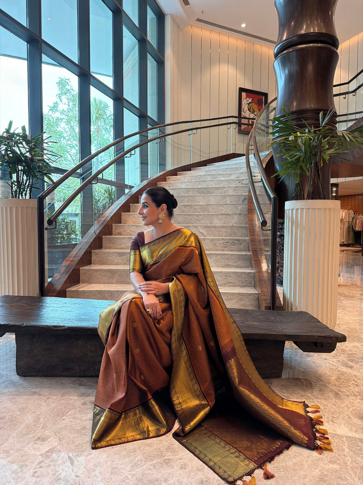 Pre-order Rust Orange Zari Buttas on Kanjivaram Pure Silk Saree with Podi-Kattam Zari Checks and Contrast Zari Border | SILK MARK CERTIFIED | SHOBITAM
