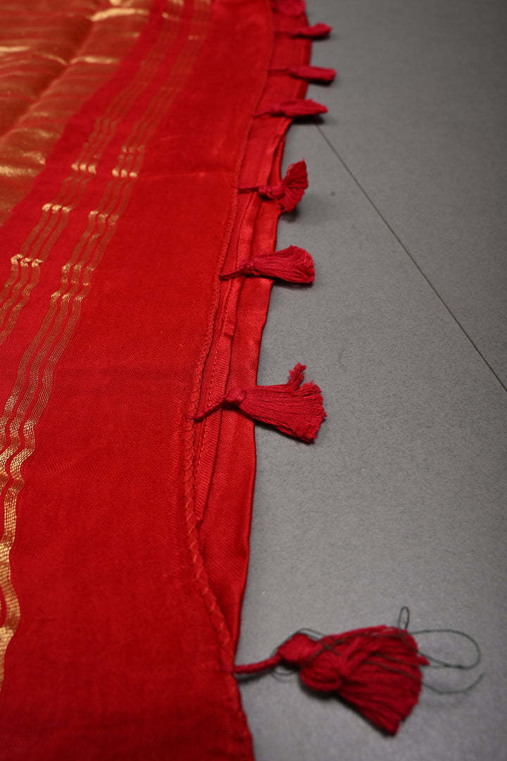 Blood Red Borderless Modal Silk Saree with Lagda Patta Crushed Pallu | SHOBITAM