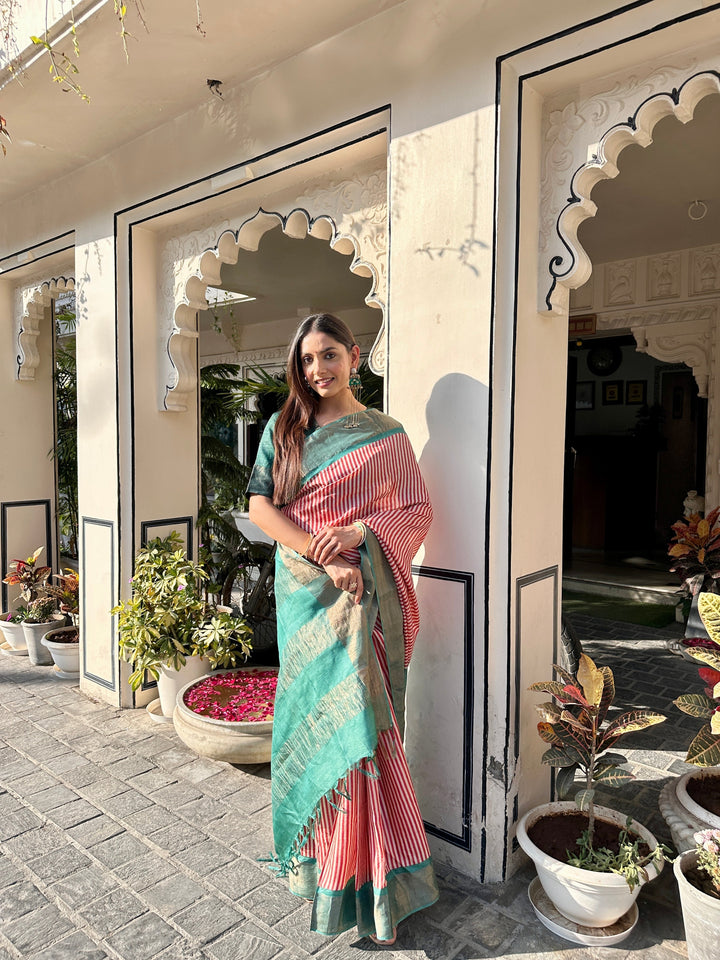 Sutra Striped Block Print Saree | SILK MARK CERTIFIED | SHOBITAM