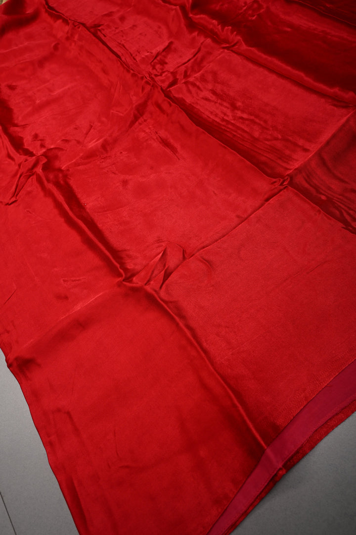 Blood Red Borderless Modal Silk Saree with Lagda Patta Crushed Pallu | SHOBITAM