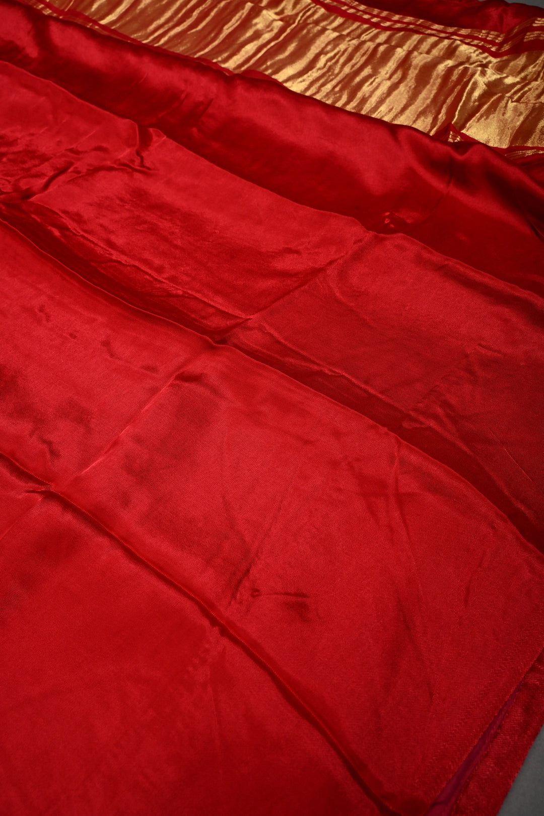 Blood Red Borderless Modal Silk Saree with Lagda Patta Crushed Pallu | SHOBITAM