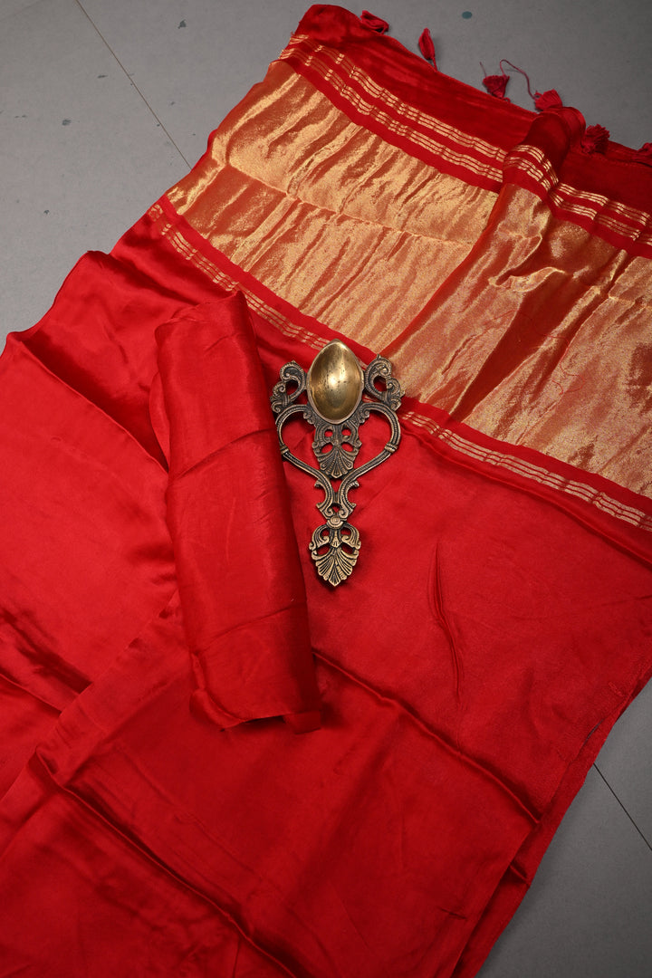 Blood Red Borderless Modal Silk Saree with Lagda Patta Crushed Pallu | SHOBITAM