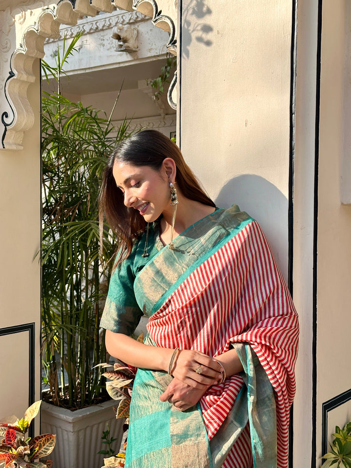 Sutra Striped Block Print Saree | SILK MARK CERTIFIED | SHOBITAM