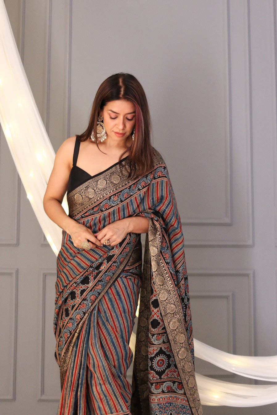 Red-Blue-Black Modal Silk Saree with Ajrakh Hand Block Print and Fancy Zari Border