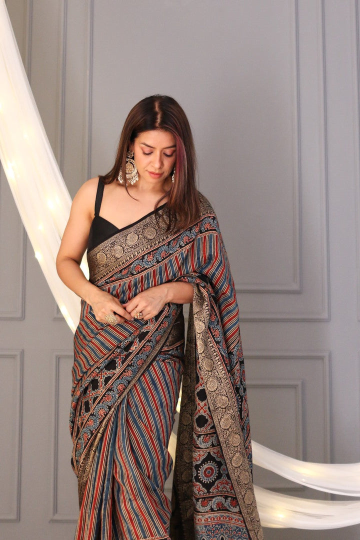 Red-Blue-Black Modal Silk Saree with Ajrakh Hand Block Print and Fancy Zari Border