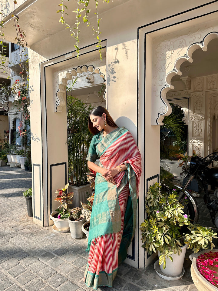Sutra Striped Block Print Saree | SILK MARK CERTIFIED | SHOBITAM