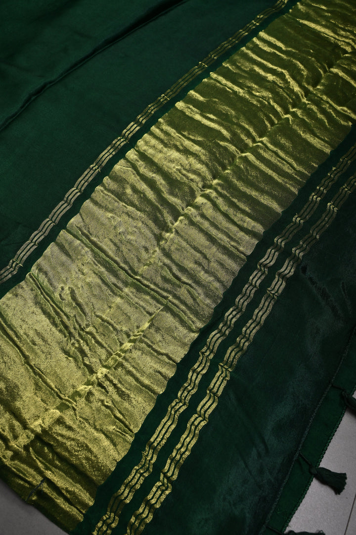 Bottle Green Borderless Modal Silk Saree with Lagda Patta Crushed Pallu | SHOBITAM