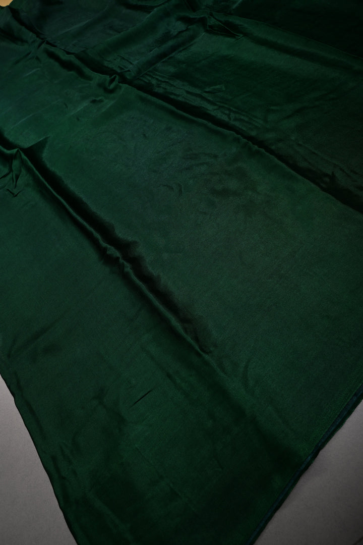 Bottle Green Borderless Modal Silk Saree with Lagda Patta Crushed Pallu | SHOBITAM