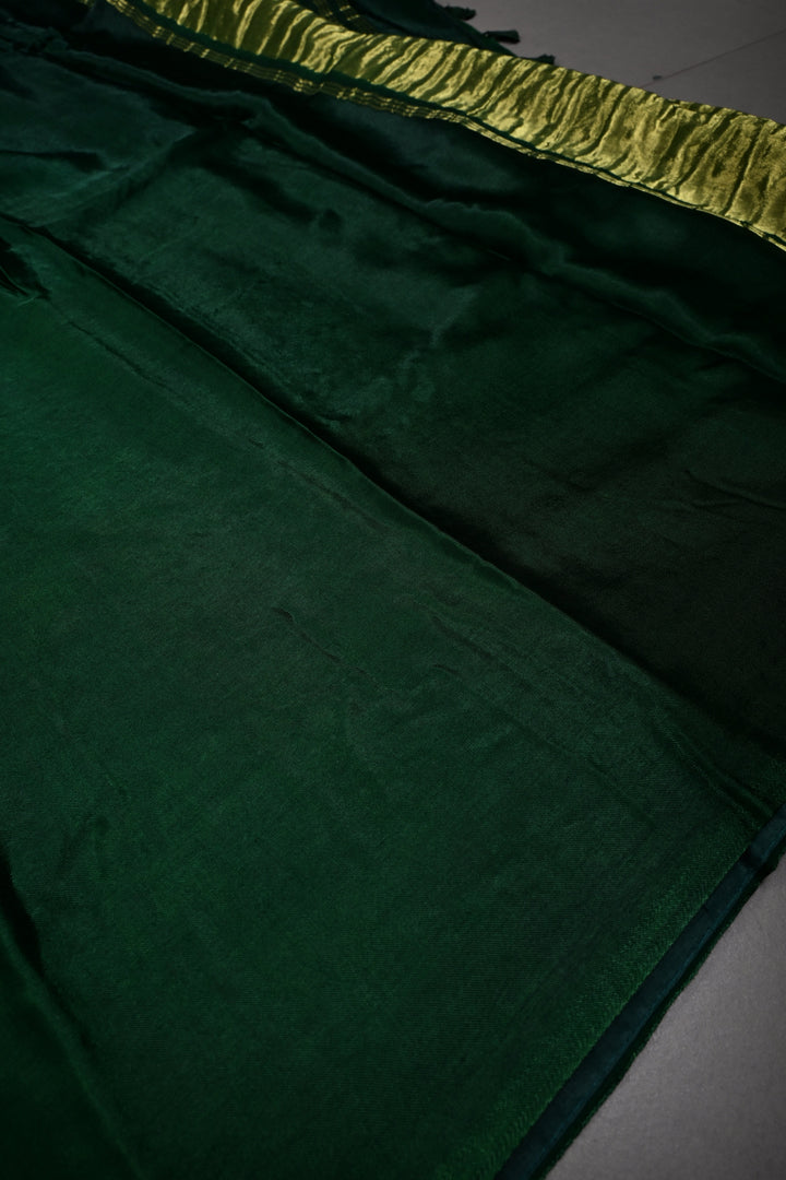 Bottle Green Borderless Modal Silk Saree with Lagda Patta Crushed Pallu | SHOBITAM