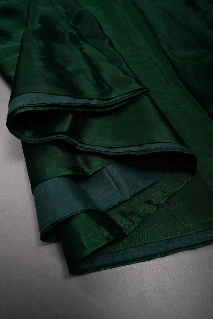Bottle Green Borderless Modal Silk Saree with Lagda Patta Crushed Pallu | SHOBITAM