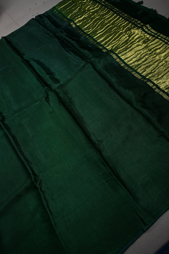 Bottle Green Borderless Modal Silk Saree with Lagda Patta Crushed Pallu | SHOBITAM