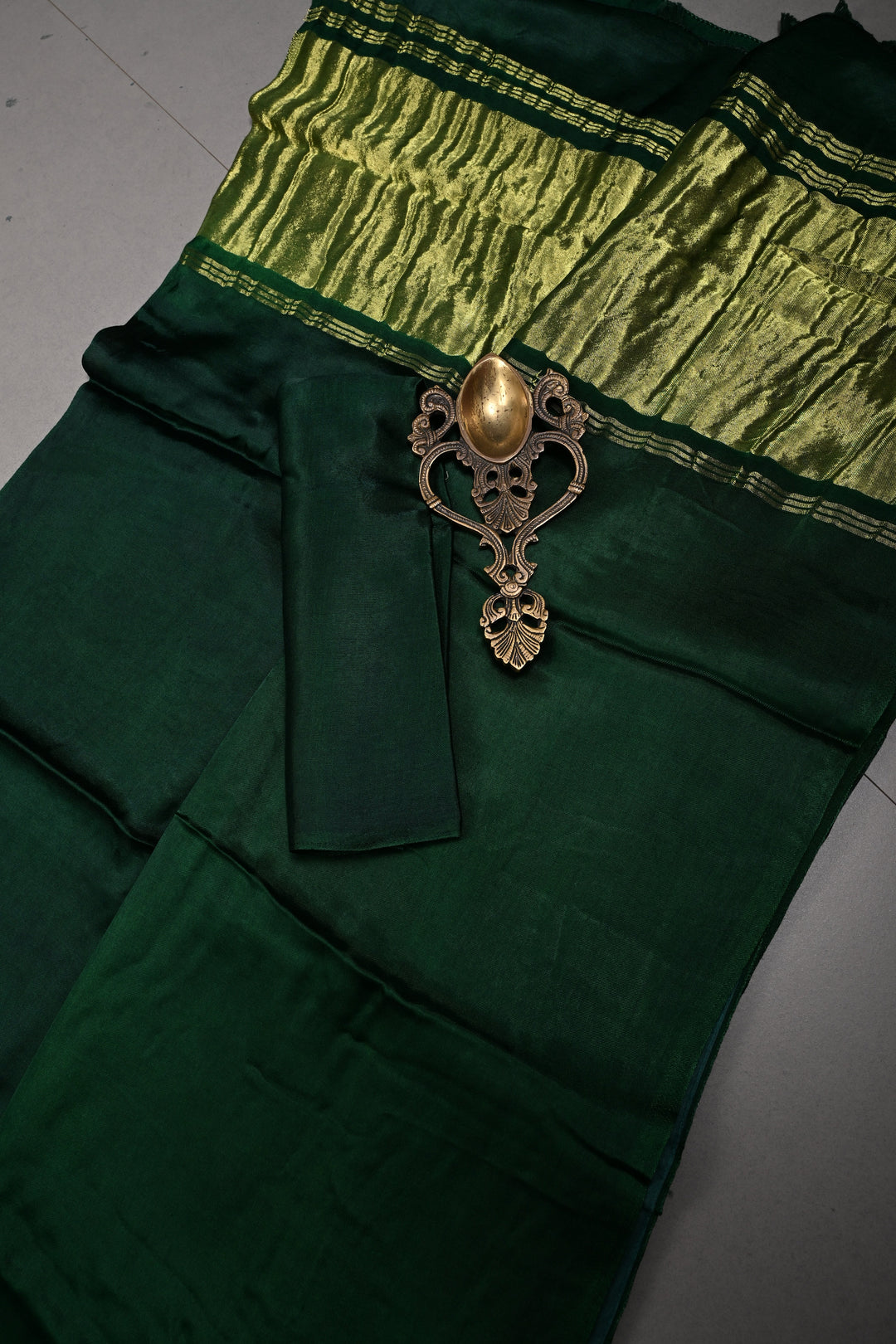 Bottle Green Borderless Modal Silk Saree with Lagda Patta Crushed Pallu | SHOBITAM