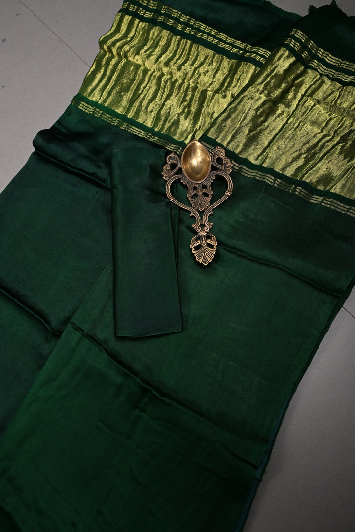Bottle Green Borderless Modal Silk Saree with Lagda Patta Crushed Pallu | SHOBITAM