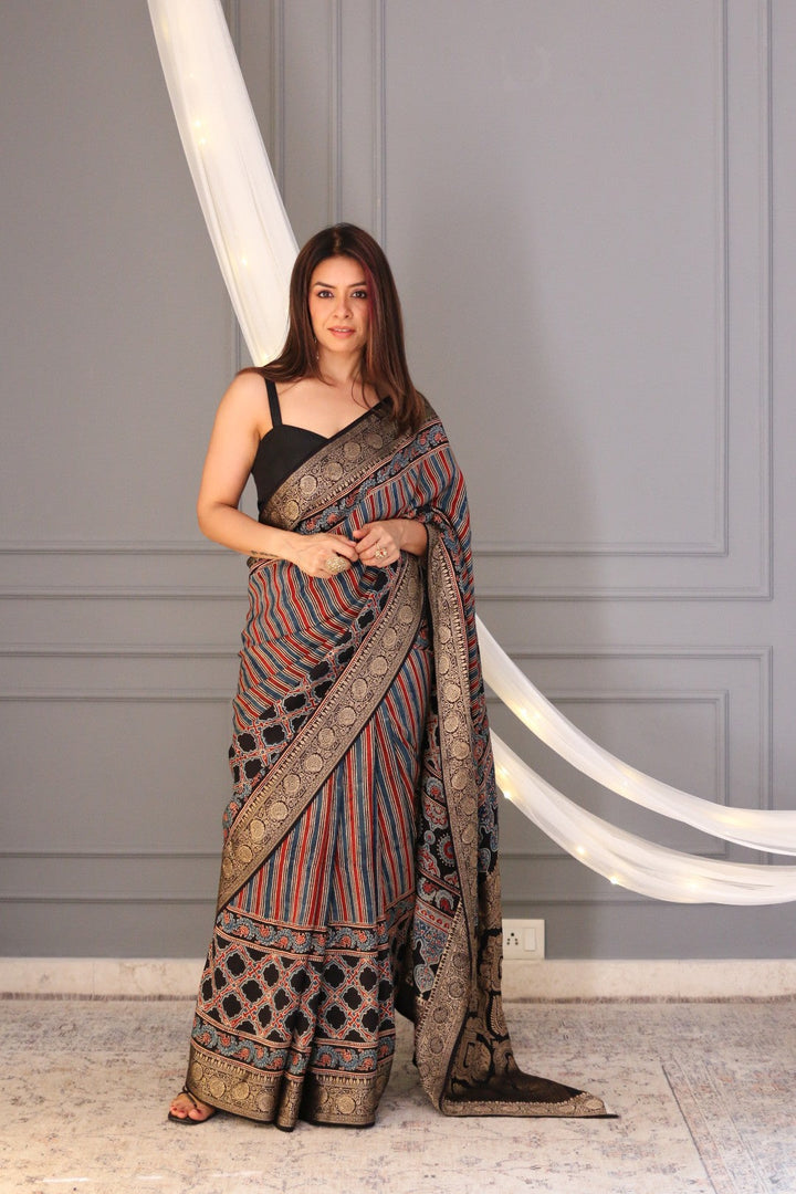 Red-Blue-Black Modal Silk Saree with Ajrakh Hand Block Print and Fancy Zari Border