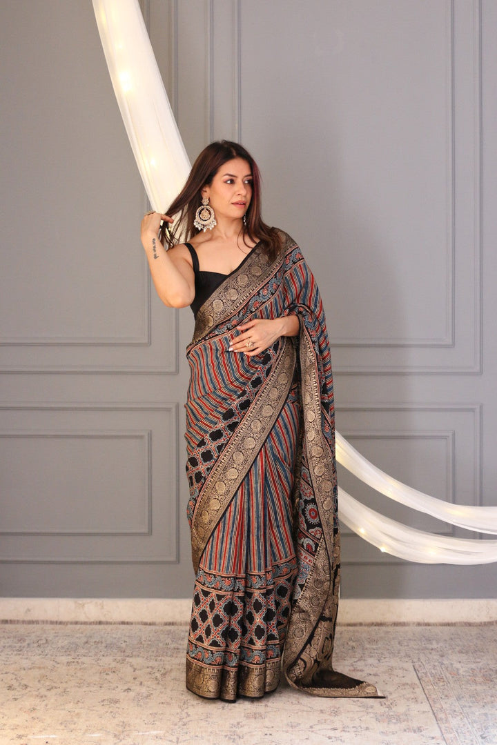 Red-Blue-Black Modal Silk Saree with Ajrakh Hand Block Print and Fancy Zari Border