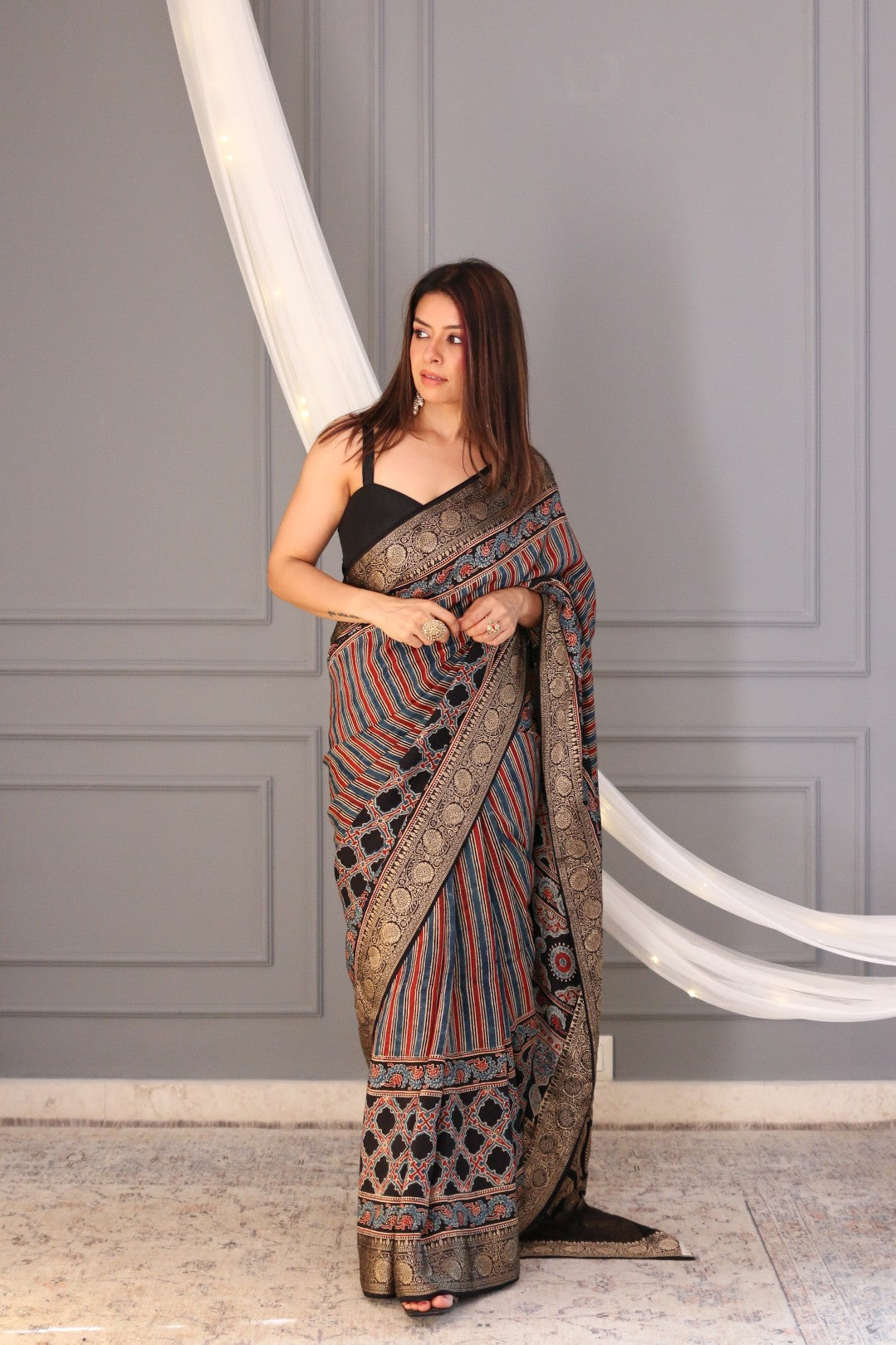Red-Blue-Black Modal Silk Saree with Ajrakh Hand Block Print and Fancy Zari Border