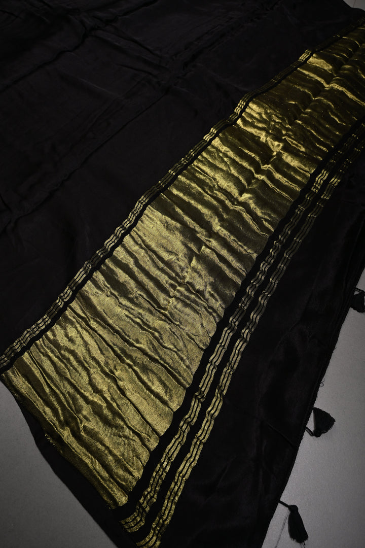 Black Sitaara Modal Silk Saree with Lagda Patta Crushed Pallu | SHOBITAM