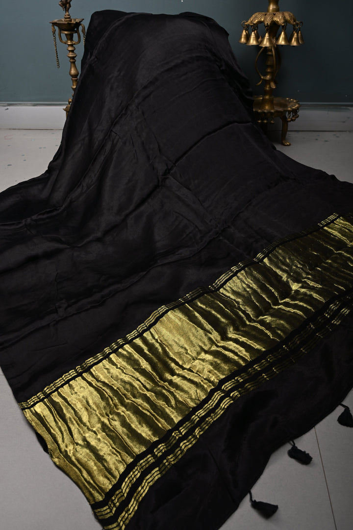 Black Sitaara Modal Silk Saree with Lagda Patta Crushed Pallu | SHOBITAM