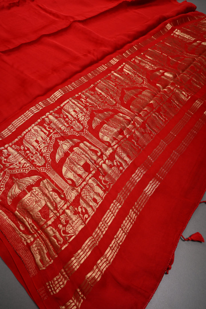Blood Red Borderless Modal Silk Saree with Shikaargah Zari Pallu | SHOBITAM