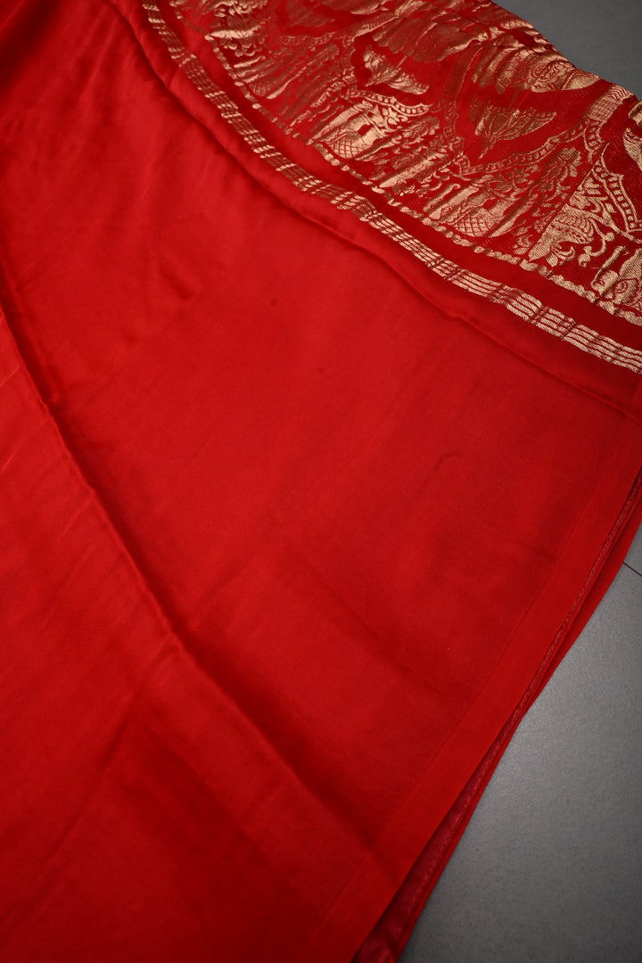 Blood Red Borderless Modal Silk Saree with Shikaargah Zari Pallu | SHOBITAM