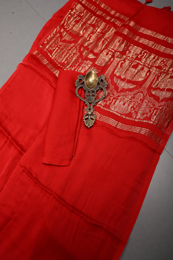 Blood Red Borderless Modal Silk Saree with Shikaargah Zari Pallu | SHOBITAM