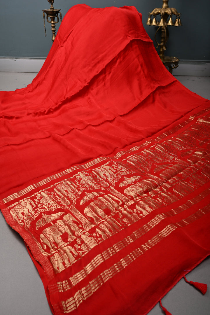 Blood Red Borderless Modal Silk Saree with Shikaargah Zari Pallu | SHOBITAM
