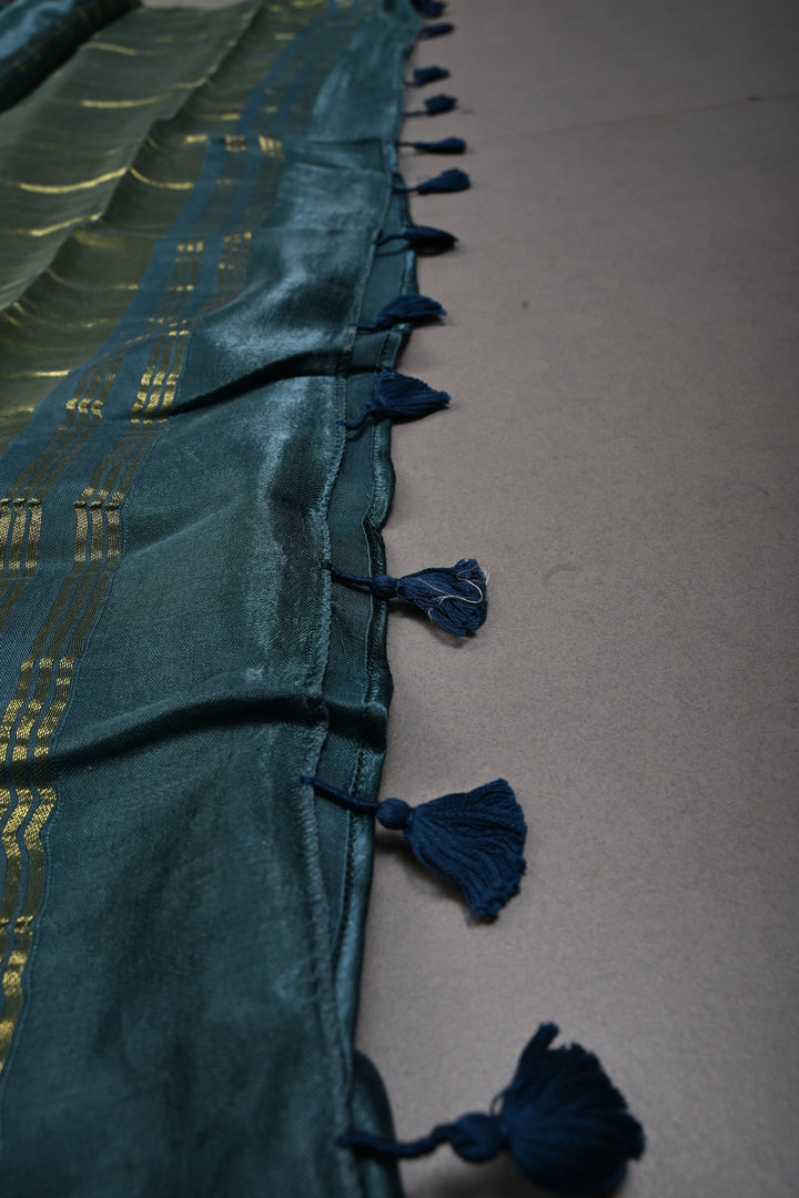 Peacock Blue Borderless Modal Silk Saree with Lagda Patta Crushed Pallu | SHOBITAM